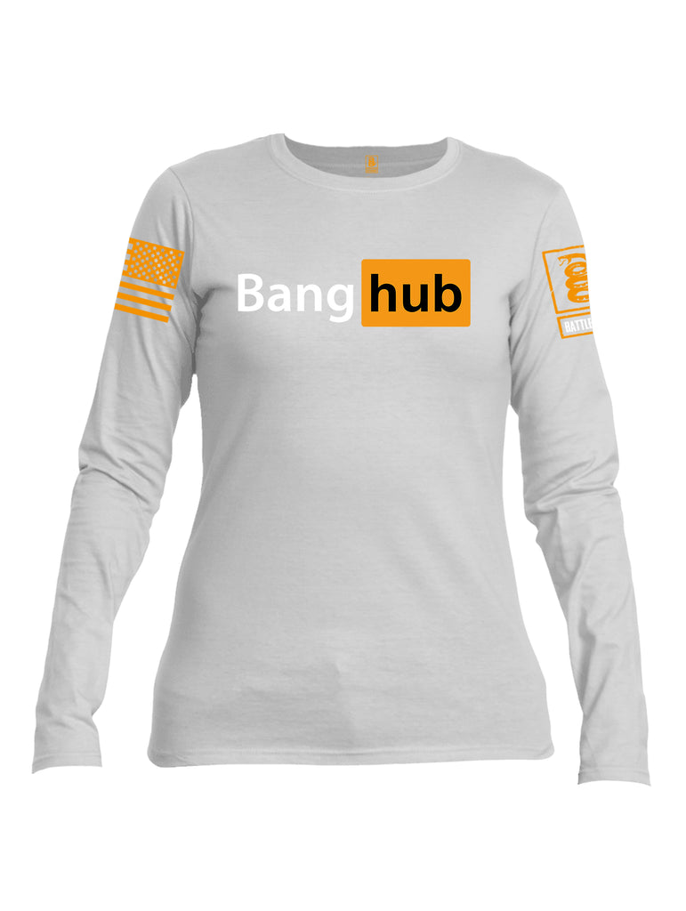 Battleraddle Bang Hub Orange Sleeve Print Womens Cotton Long Sleeve Crew Neck T Shirt