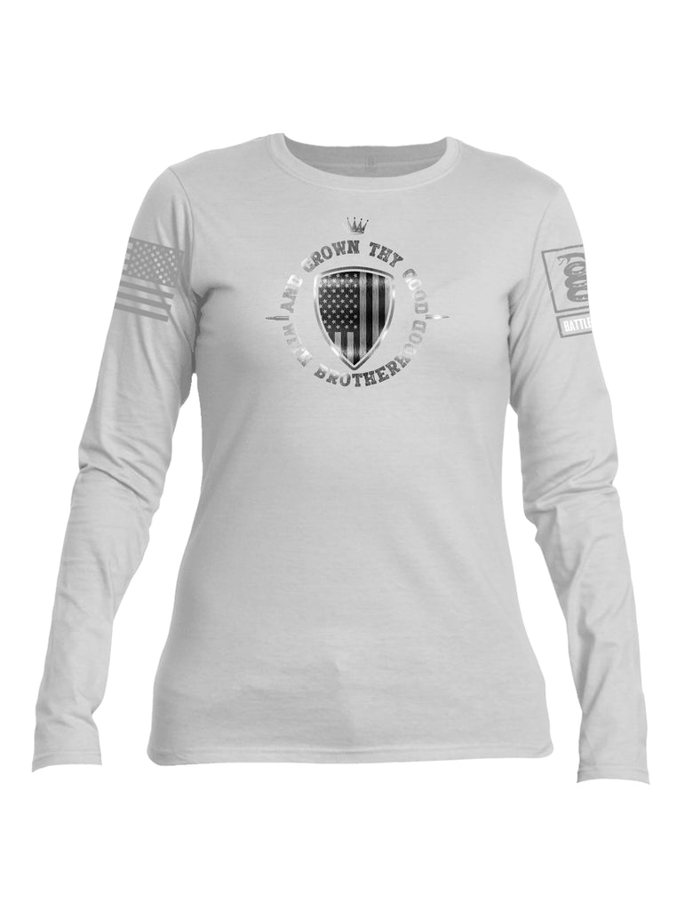 Battleraddle And Crown Thy Good With Brotherhood Grey Sleeve Print Womens Cotton Long Sleeve Crew Neck T Shirt