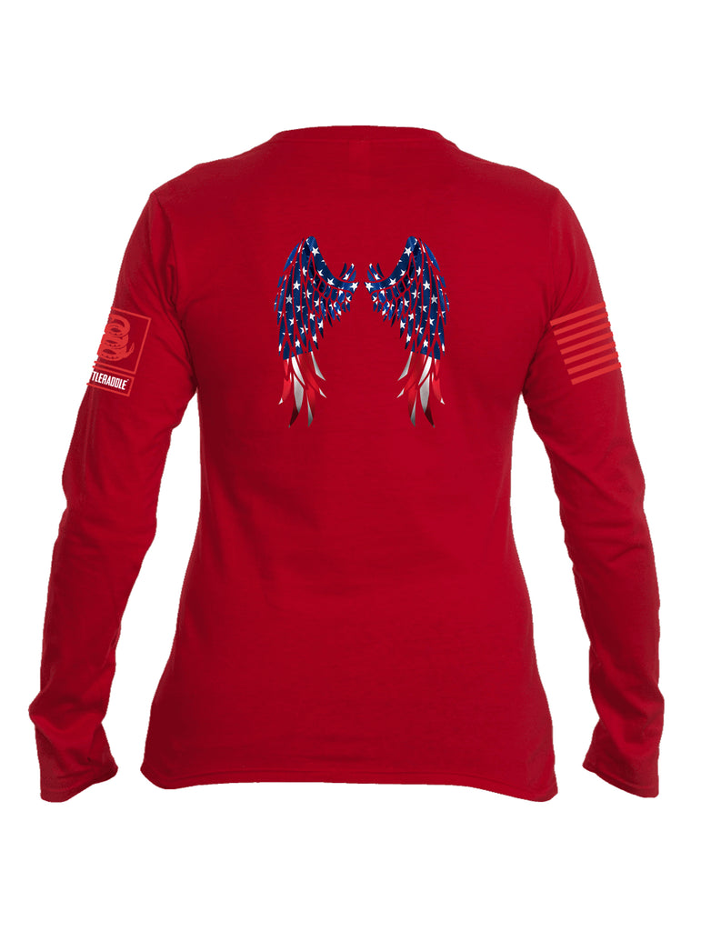 Battleraddle USA Flag Wings Red Sleeve Print Womens Cotton Long Sleeve Crew Neck T Shirt