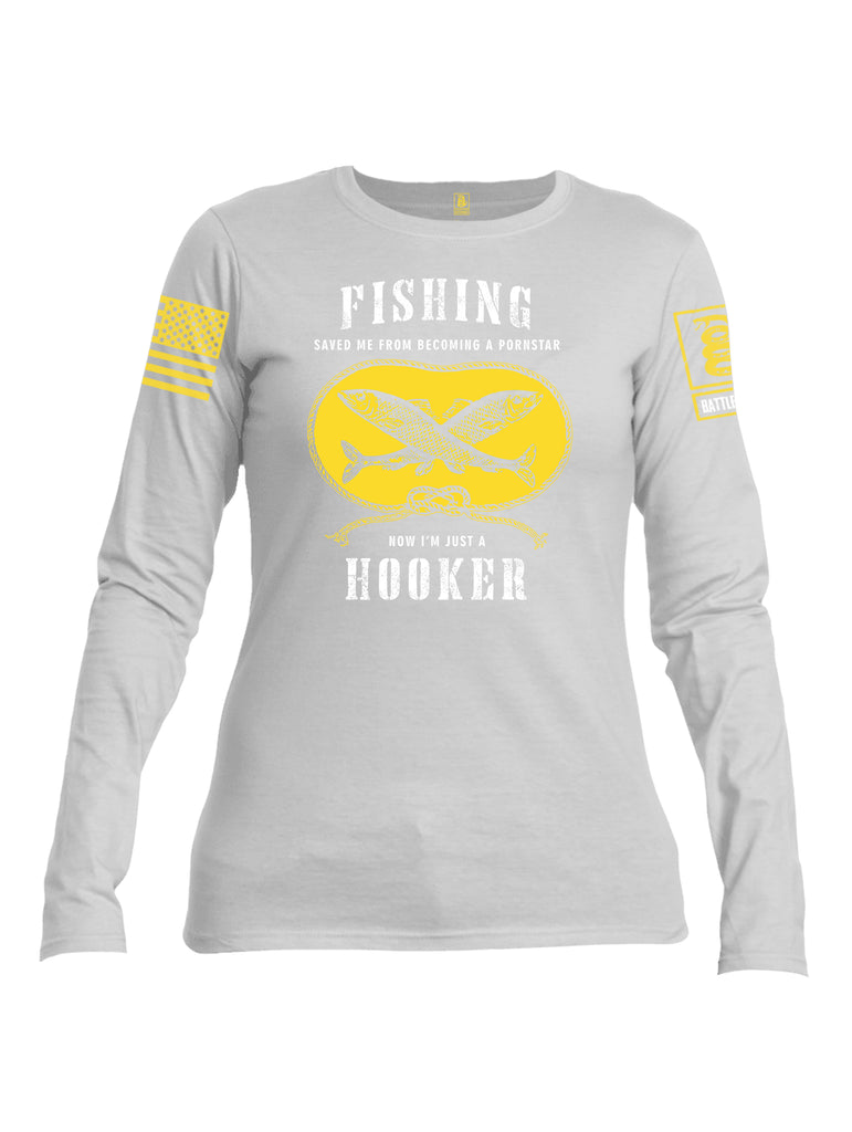 Battleraddle Fishing Saved me from Becoming a Pornstar Yellow Sleeve Print Womens Cotton Long Sleeve Crew Neck T Shirt