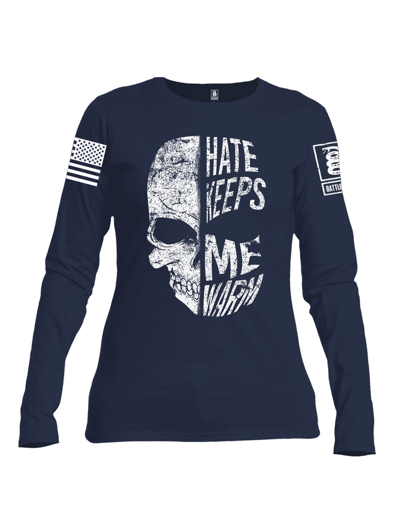 Battleraddle Hate Keeps Me Warm Skull White Sleeve Print Womens Cotton Long Sleeve Crew Neck T Shirt