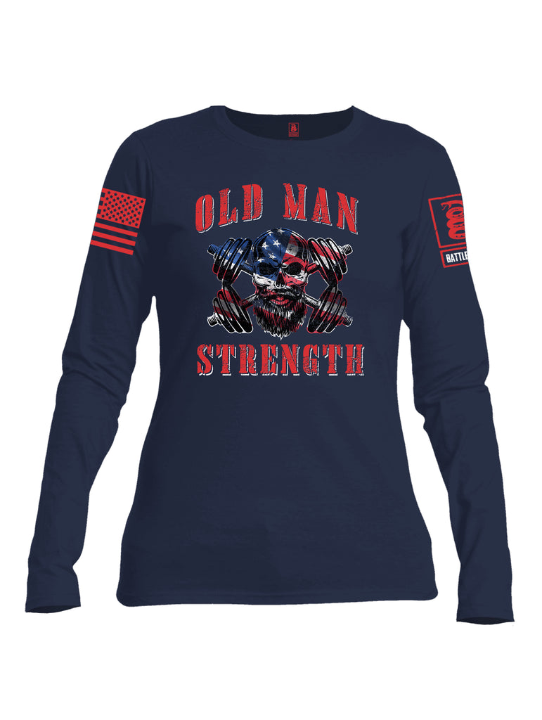 Battleraddle Old Man Strength Red Sleeve Print Womens Cotton Long Sleeve Crew Neck T Shirt