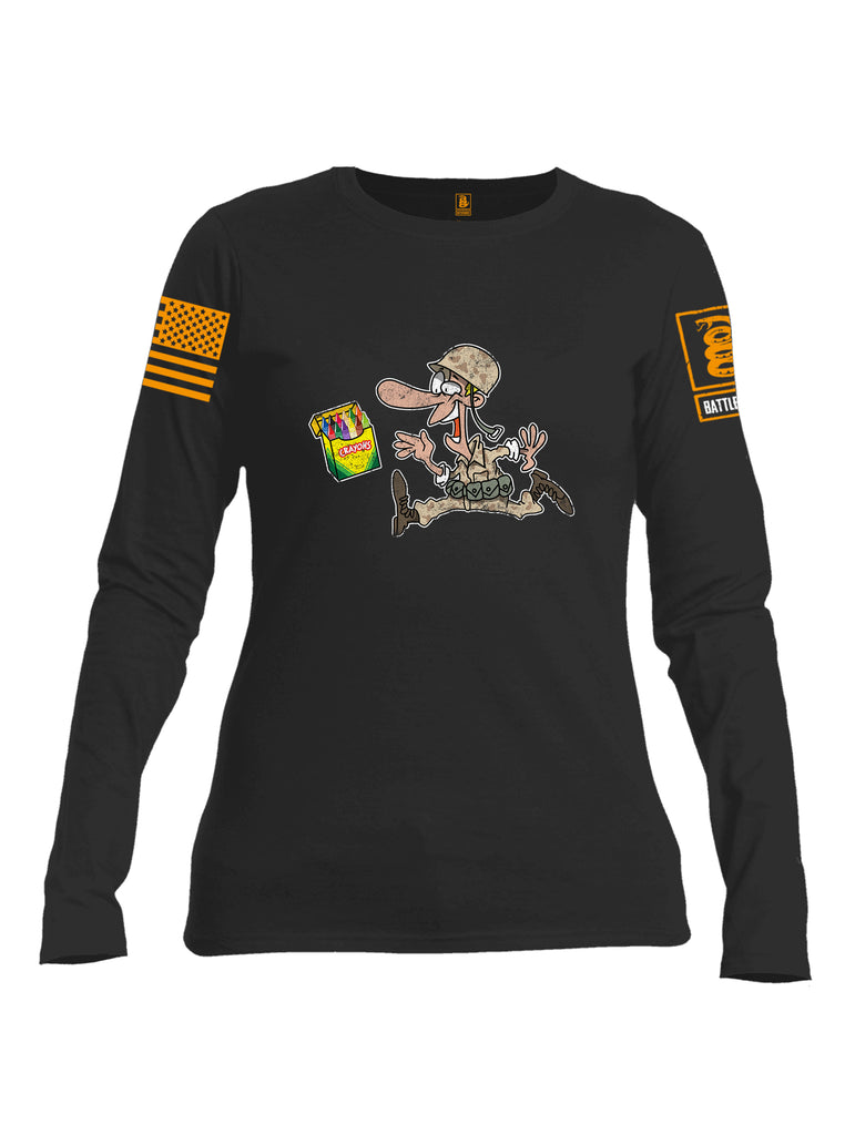 Battleraddle Soldier Crayons Orange Sleeve Print Womens Cotton Long Sleeve Crew Neck T Shirt