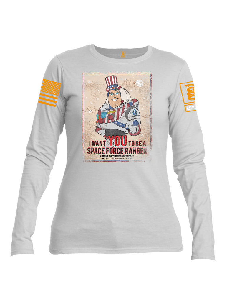 Battleraddle I Want You To Be A Space Force Ranger Orange Sleeve Print Womens Cotton Long Sleeve Crew Neck T Shirt