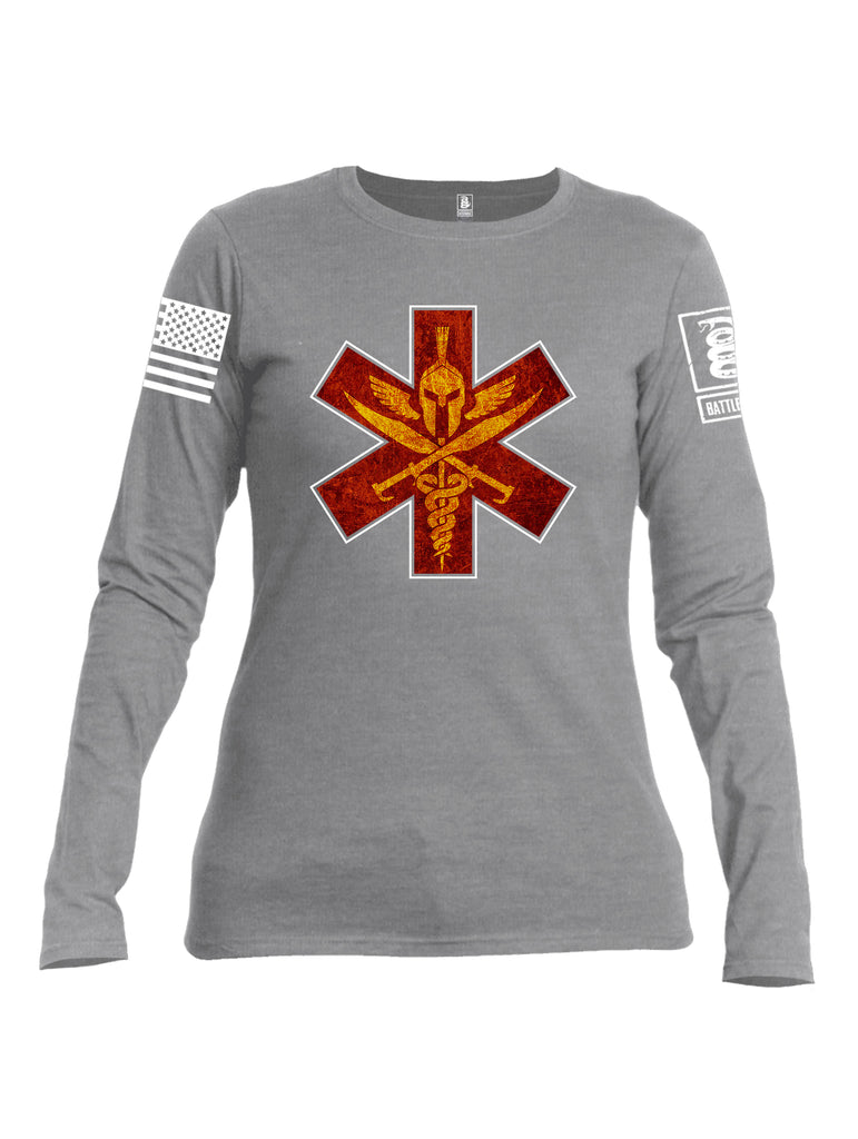 Battleraddle Spartan Cross White Sleeve Print Womens Cotton Long Sleeve Crew Neck T Shirt