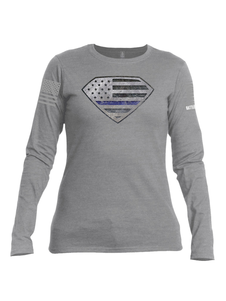 Battleraddle Super USA Flag Blue Line Grey Sleeve Print Womens Cotton Long Sleeve Crew Neck T Shirt