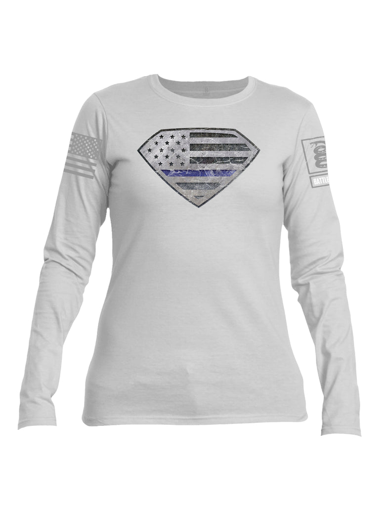 Battleraddle Super USA Flag Blue Line Grey Sleeve Print Womens Cotton Long Sleeve Crew Neck T Shirt