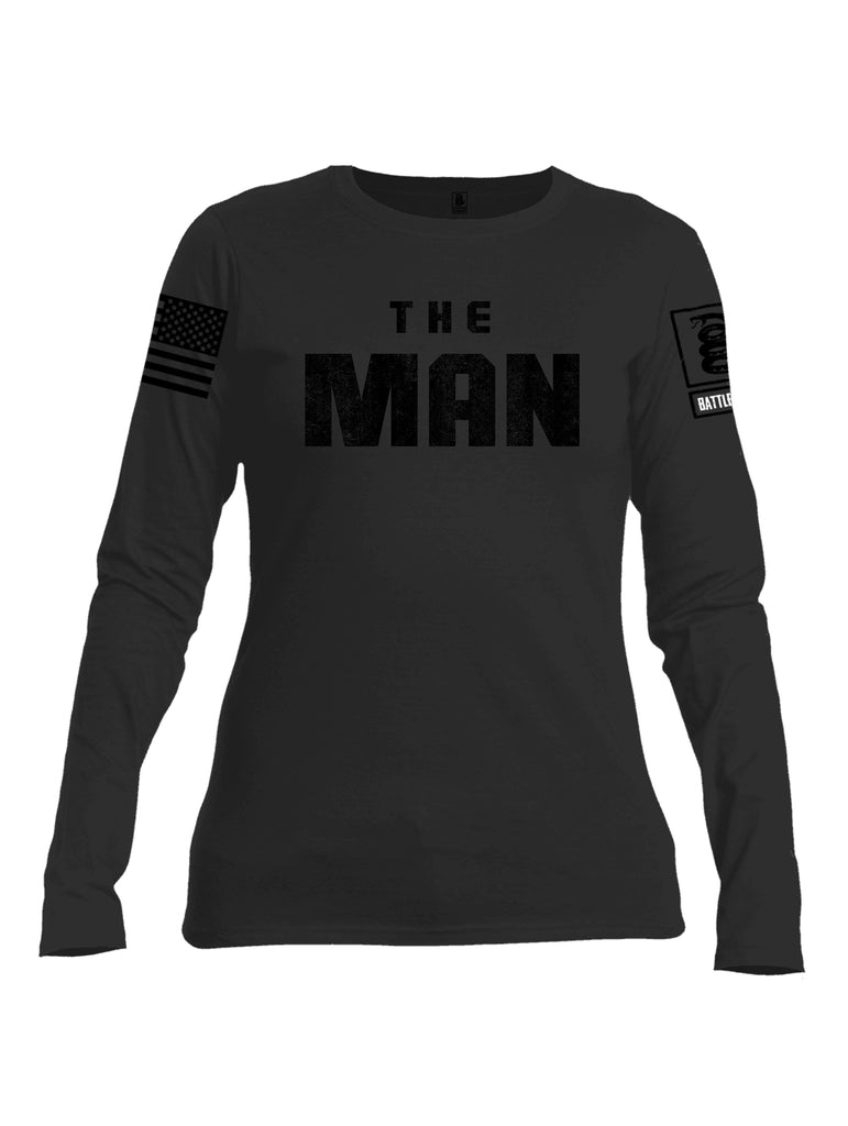 Battleraddle The Man Black Sleeve Print Womens Cotton Long Sleeve Crew Neck T Shirt