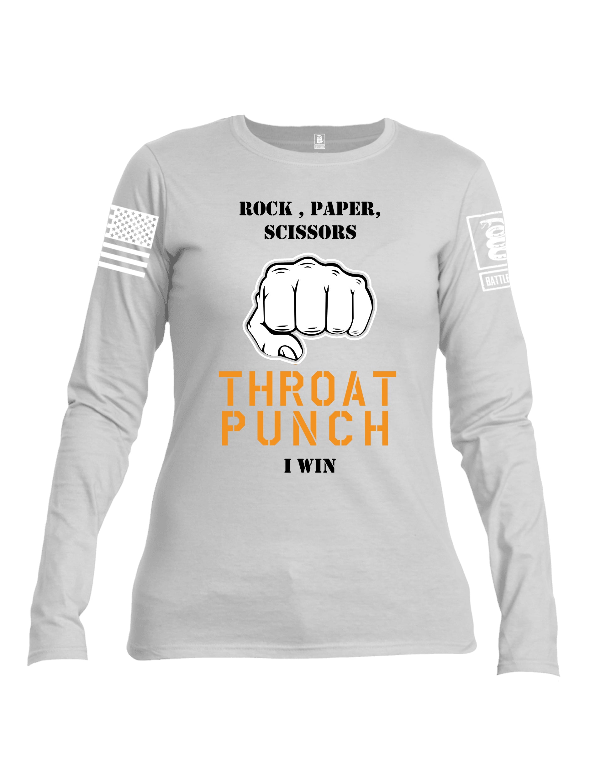 Battleraddle Rock Paper Scissors Throat Punch I Win White Sleeve Print Womens Cotton Long Sleeve Crew Neck T Shirt