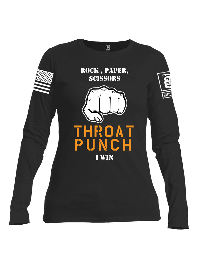 Battleraddle Rock Paper Scissors Throat Punch I Win White Sleeve Print Womens Cotton Long Sleeve Crew Neck T Shirt