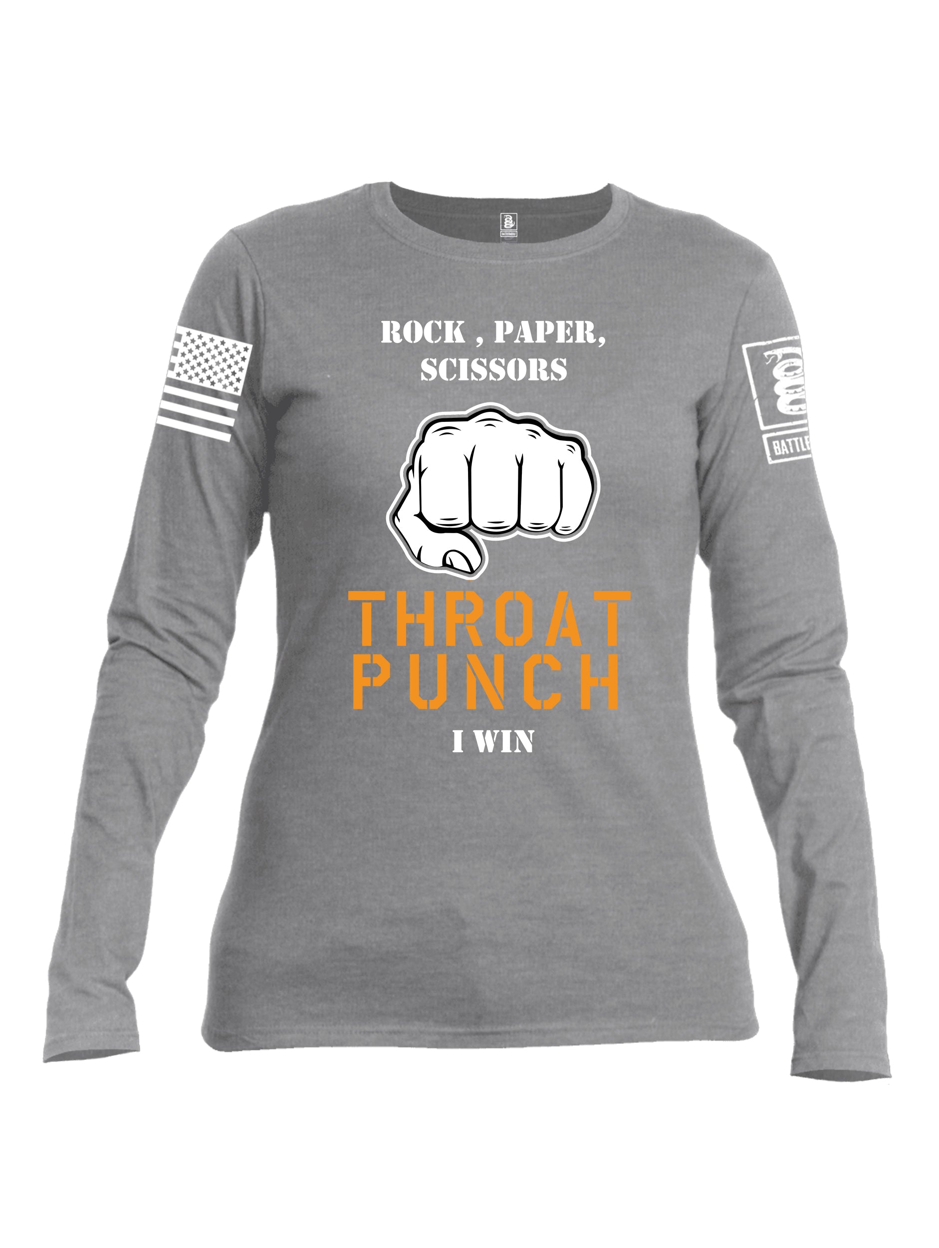 Battleraddle Rock Paper Scissors Throat Punch I Win White Sleeve Print Womens Cotton Long Sleeve Crew Neck T Shirt