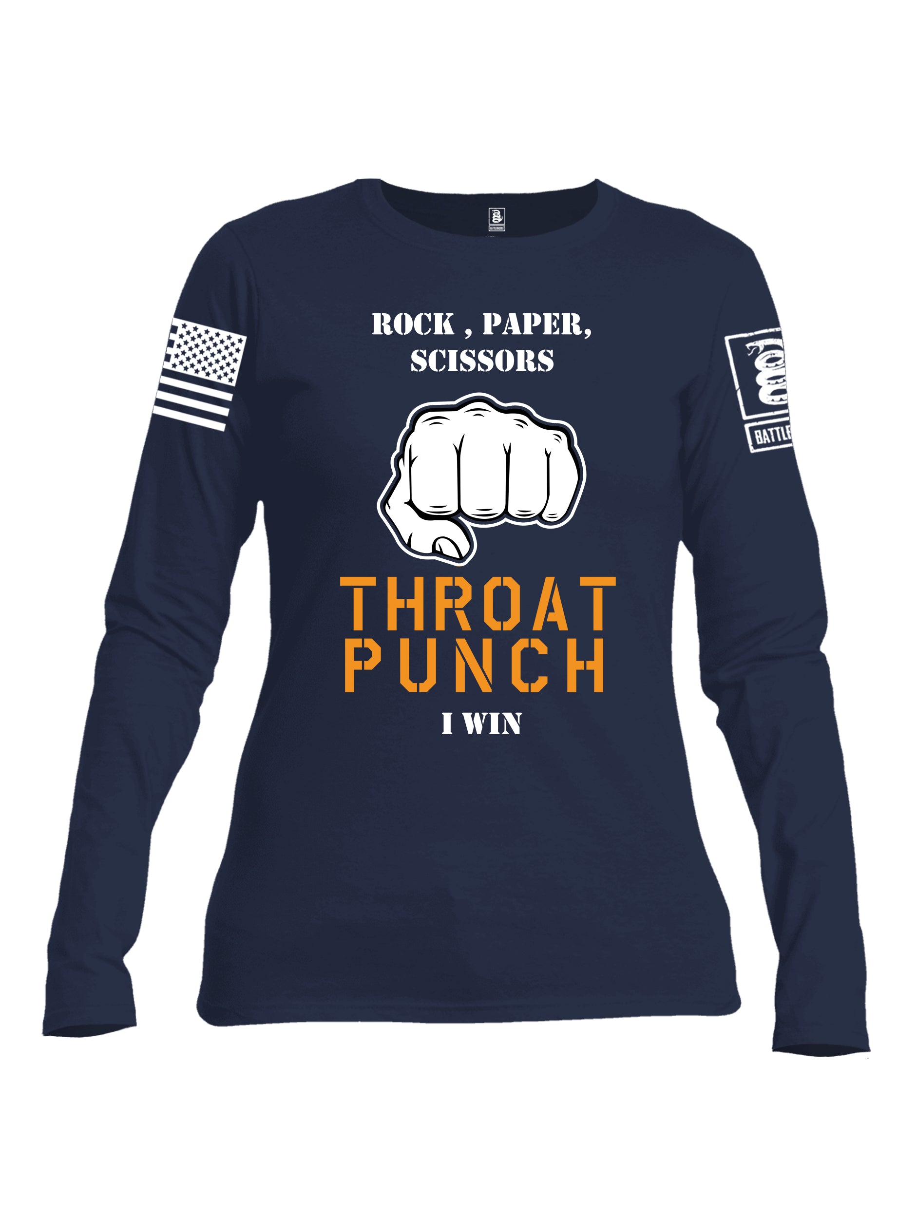 Battleraddle Rock Paper Scissors Throat Punch I Win White Sleeve Print Womens Cotton Long Sleeve Crew Neck T Shirt