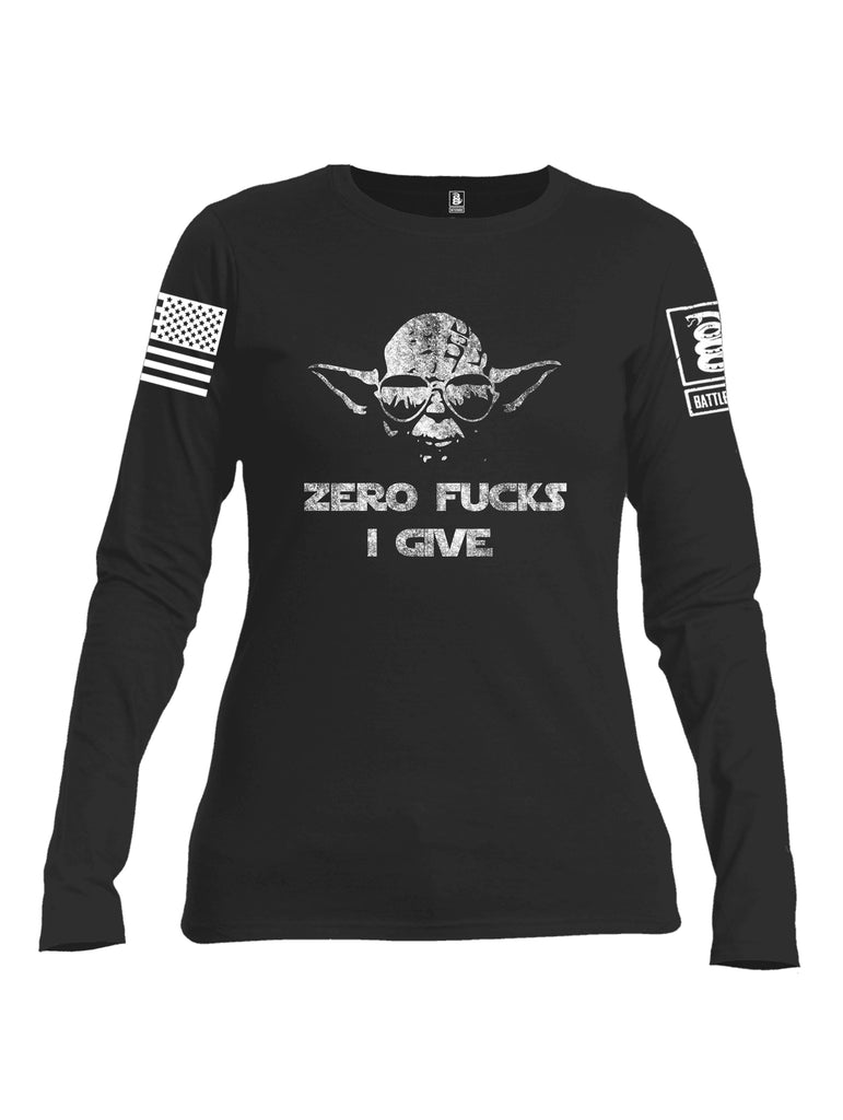 Battleraddle Zero Fucks I Give Yoda White Sleeve Print Womens Cotton Long Sleeve Crew Neck T Shirt