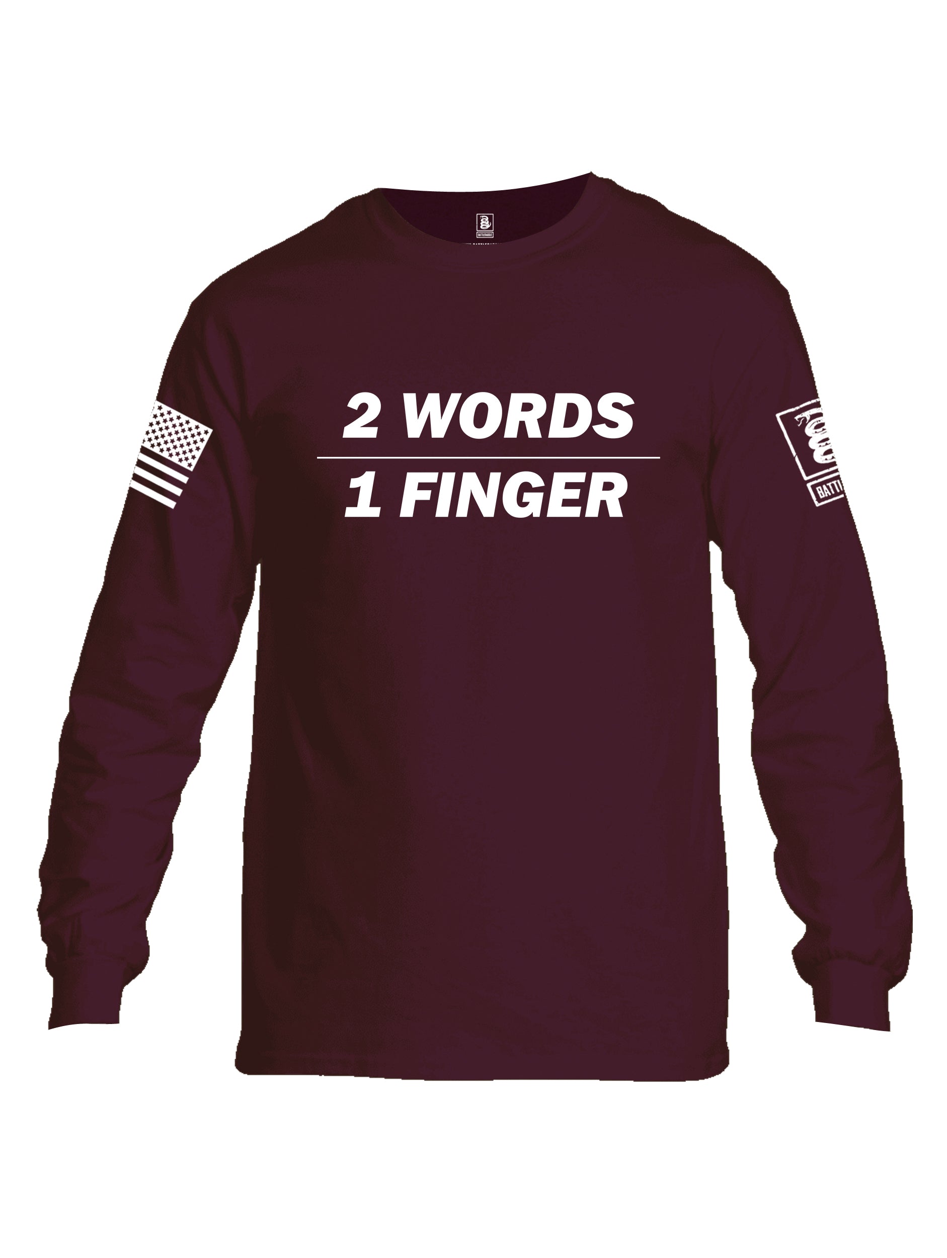 Battleraddle 2 Words 1 Finger White Sleeve Print Mens Cotton Long Sleeve Crew Neck T Shirt