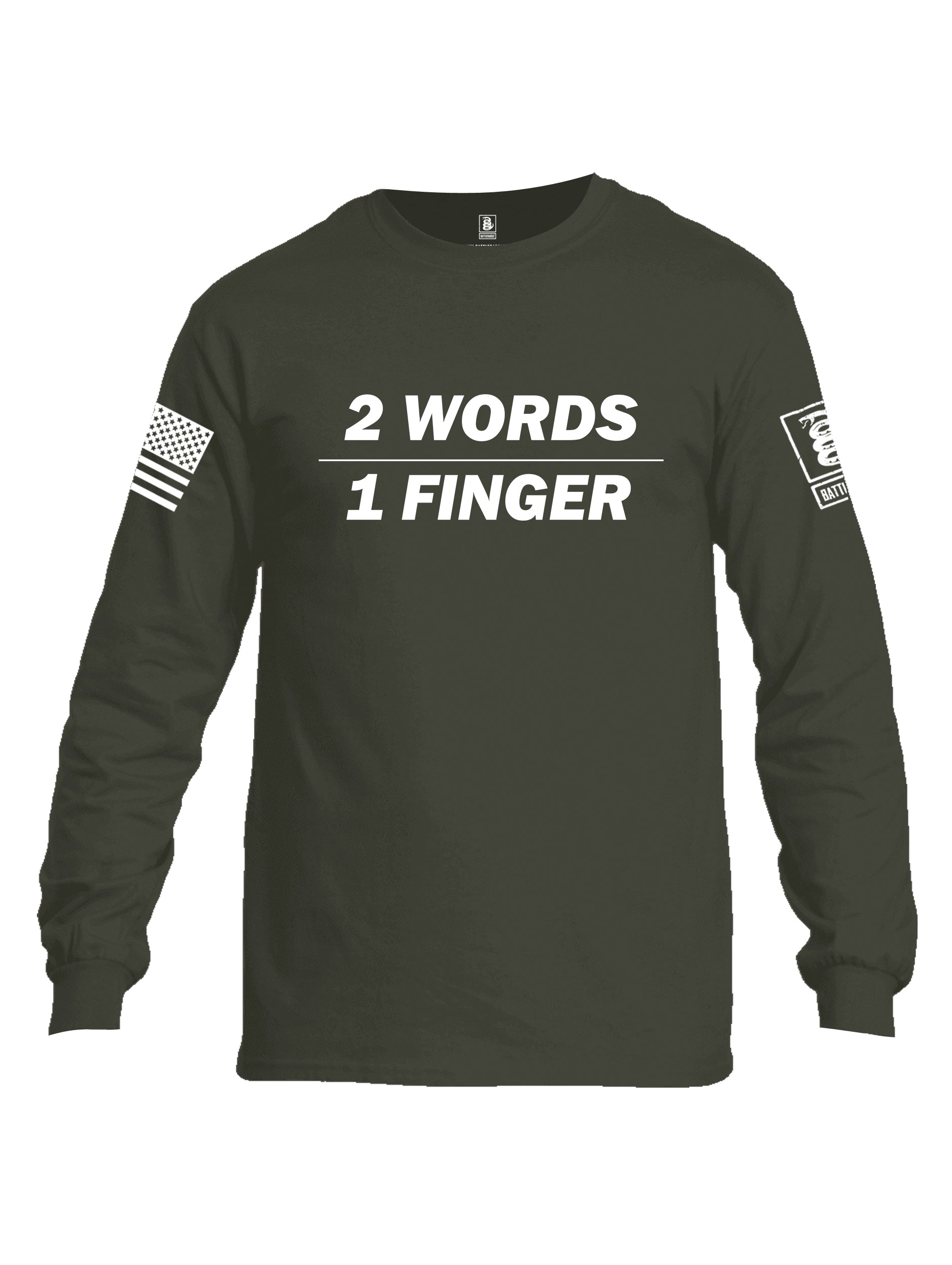 Battleraddle 2 Words 1 Finger White Sleeve Print Mens Cotton Long Sleeve Crew Neck T Shirt