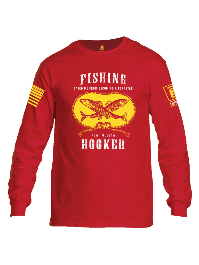 Battleraddle Fishing Saved me from Becoming a Pornstar Yellow Sleeve Print Mens Cotton Long Sleeve Crew Neck T Shirt