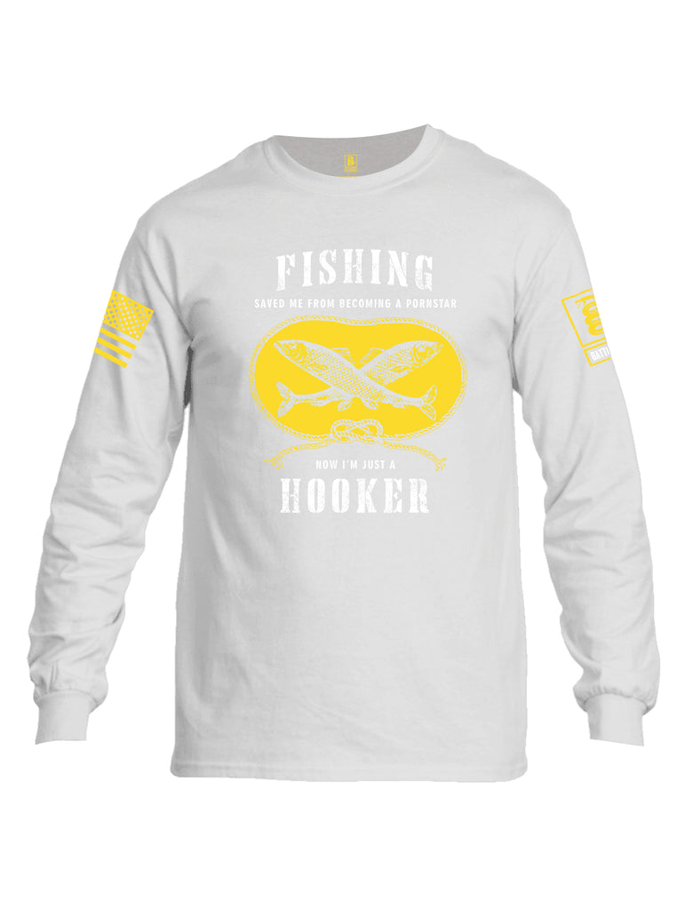 Battleraddle Fishing Saved me from Becoming a Pornstar Yellow Sleeve Print Mens Cotton Long Sleeve Crew Neck T Shirt