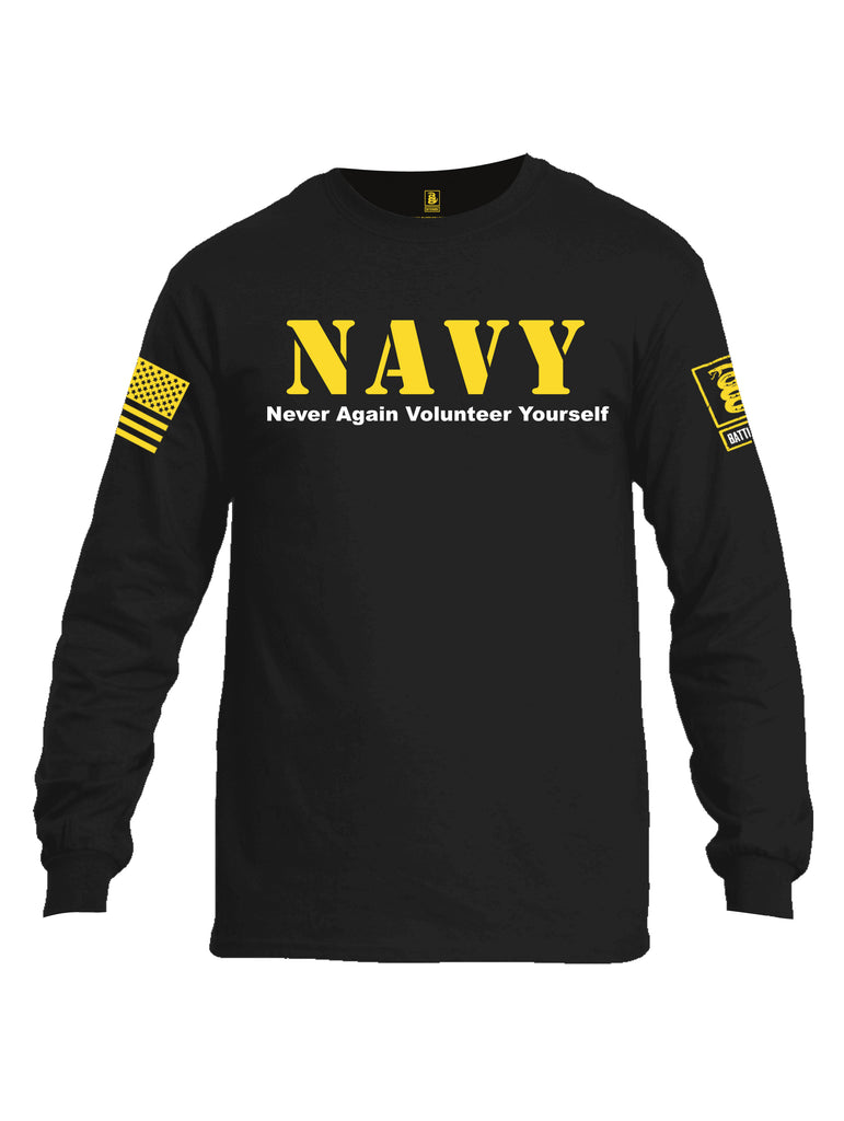 Battleraddle NAVY Never Again Volunteer Yourself Yellow Sleeve Print Mens Cotton Long Sleeve Crew Neck T Shirt