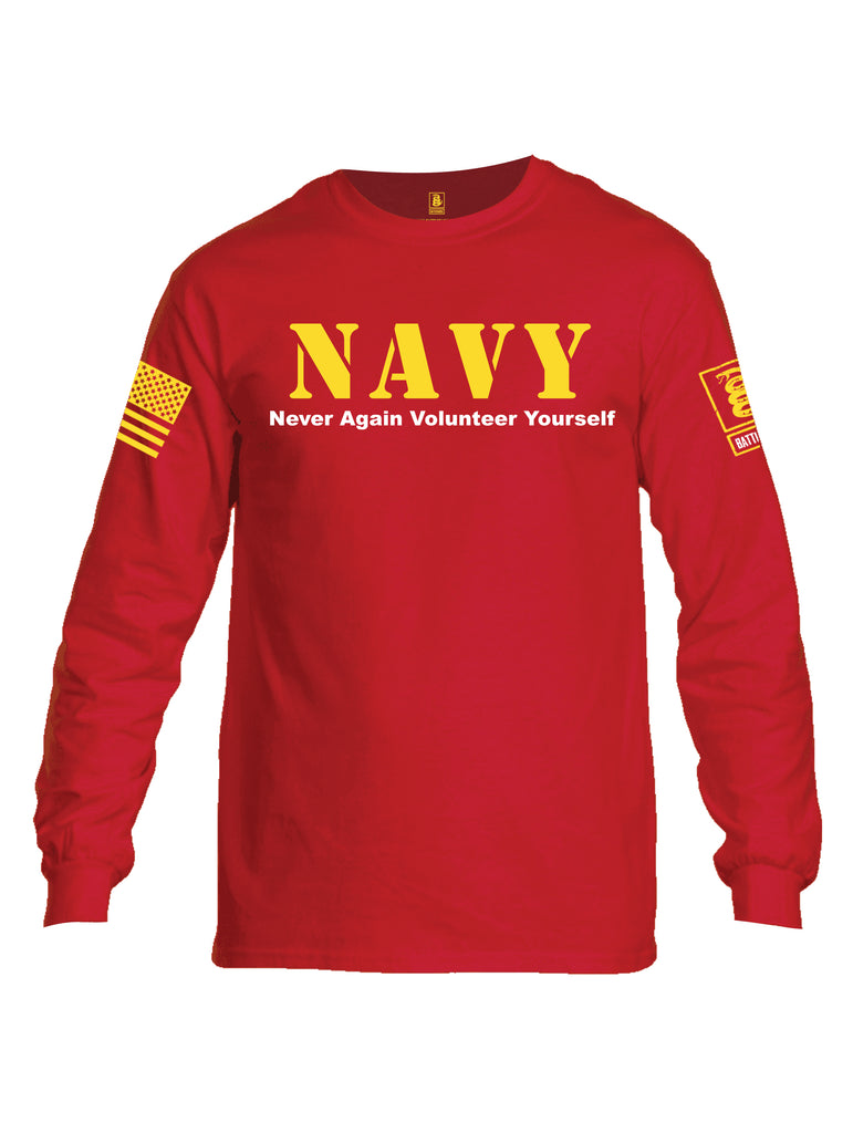 Battleraddle NAVY Never Again Volunteer Yourself Yellow Sleeve Print Mens Cotton Long Sleeve Crew Neck T Shirt