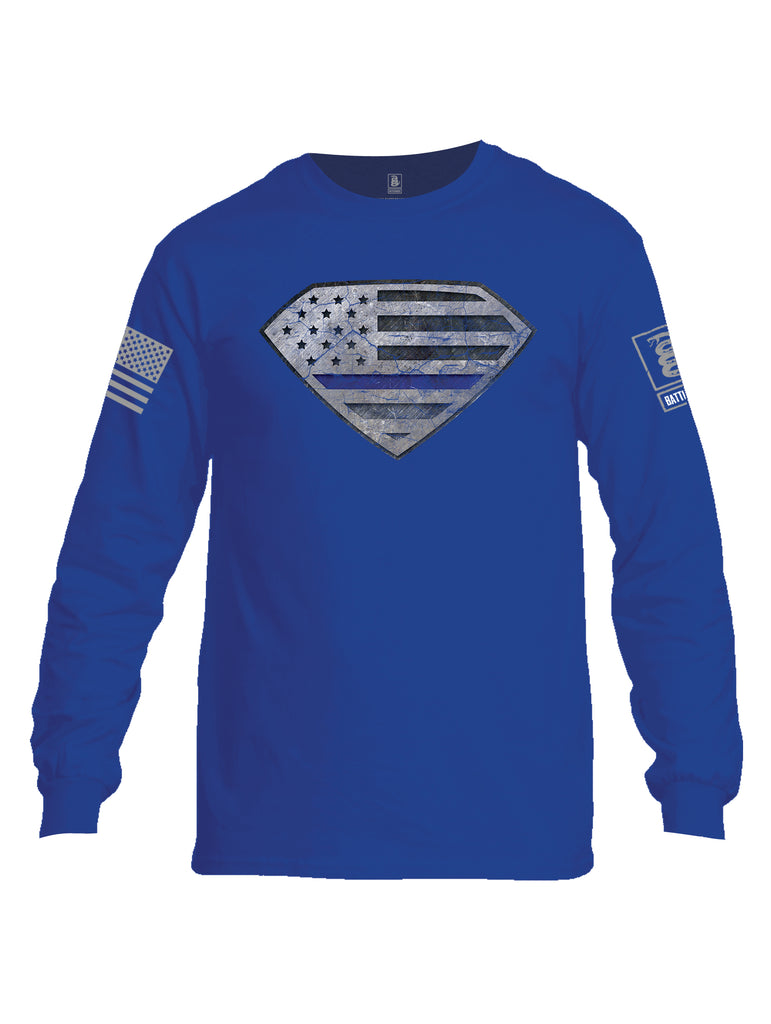 Battleraddle Super USA Flag Blue Line Grey Sleeve Print Mens Cotton Long Sleeve Crew Neck T Shirt