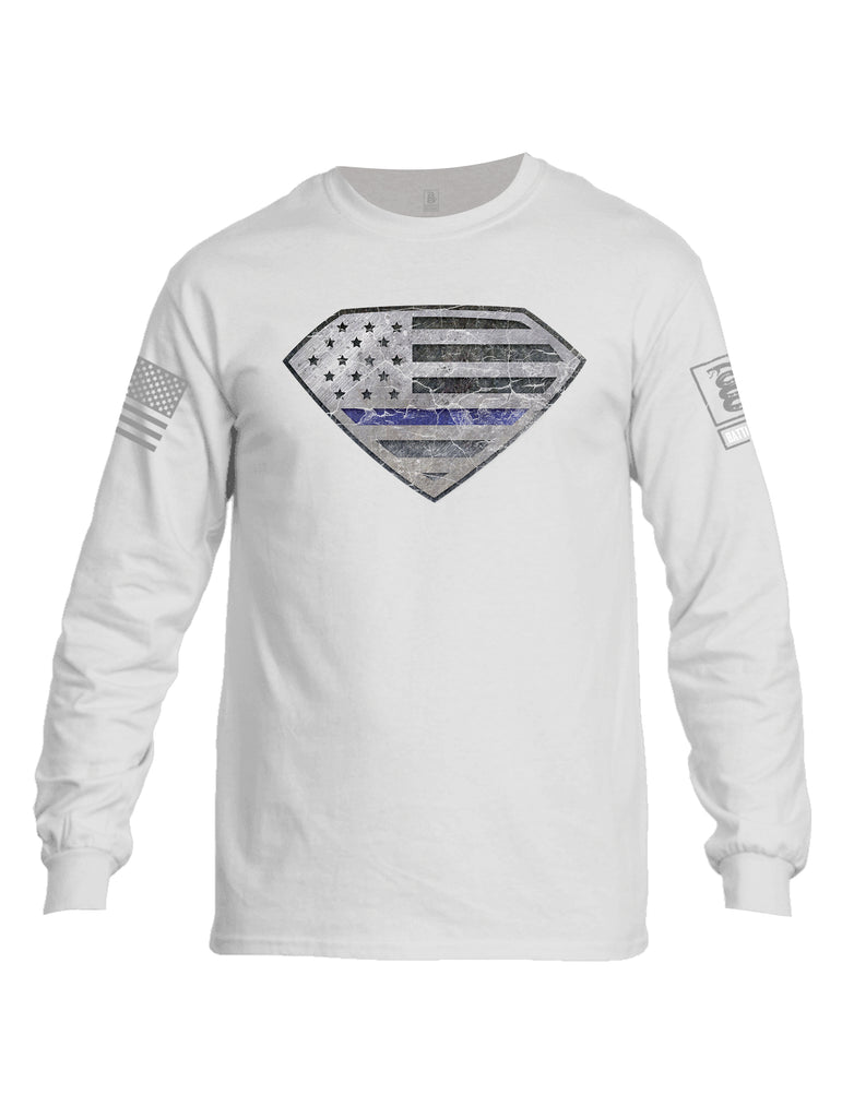 Battleraddle Super USA Flag Blue Line Grey Sleeve Print Mens Cotton Long Sleeve Crew Neck T Shirt