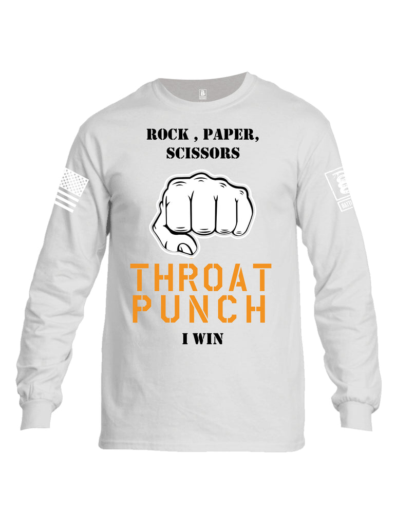 Battleraddle Rock Paper Scissors Throat Punch I Win White Sleeve Print Mens Cotton Long Sleeve Crew Neck T Shirt