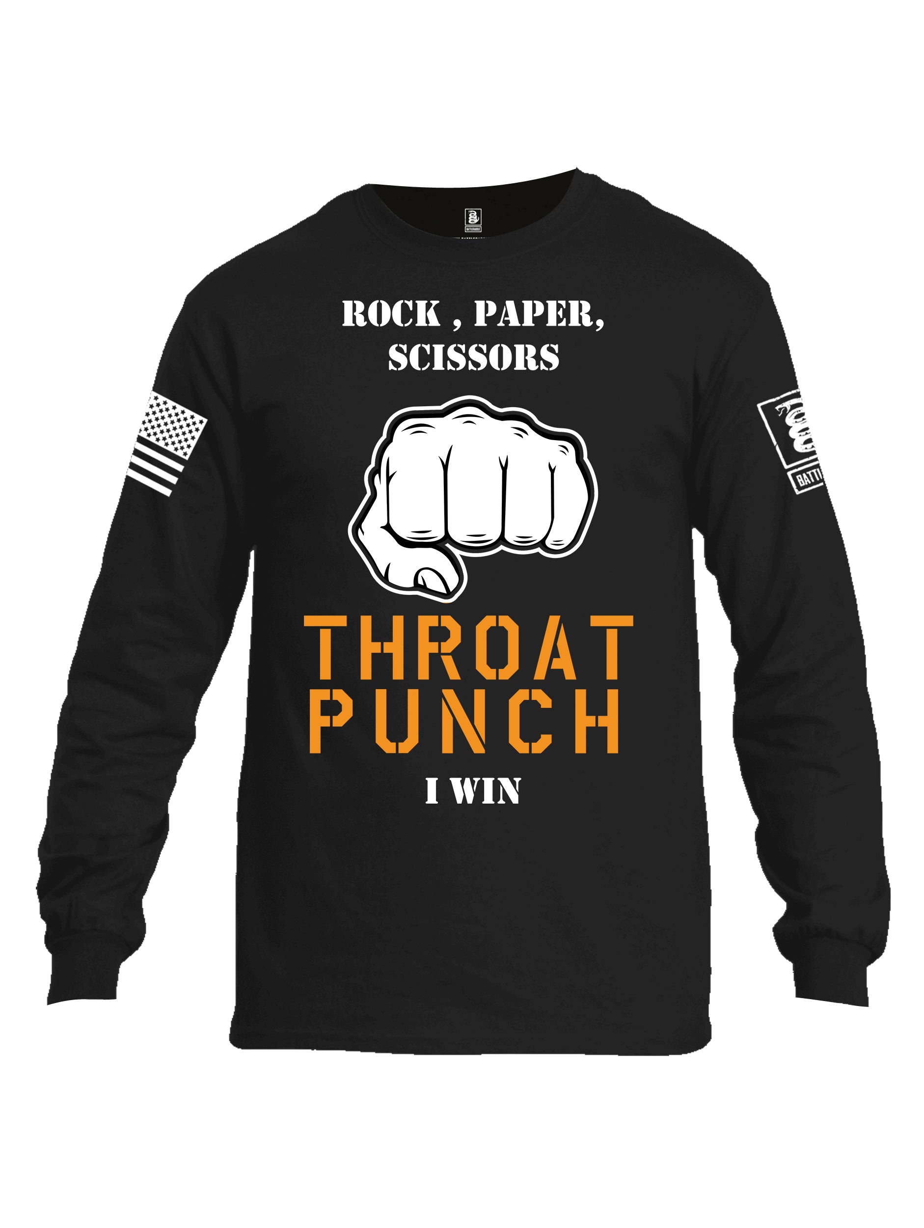 Battleraddle Rock Paper Scissors Throat Punch I Win White Sleeve Print Mens Cotton Long Sleeve Crew Neck T Shirt