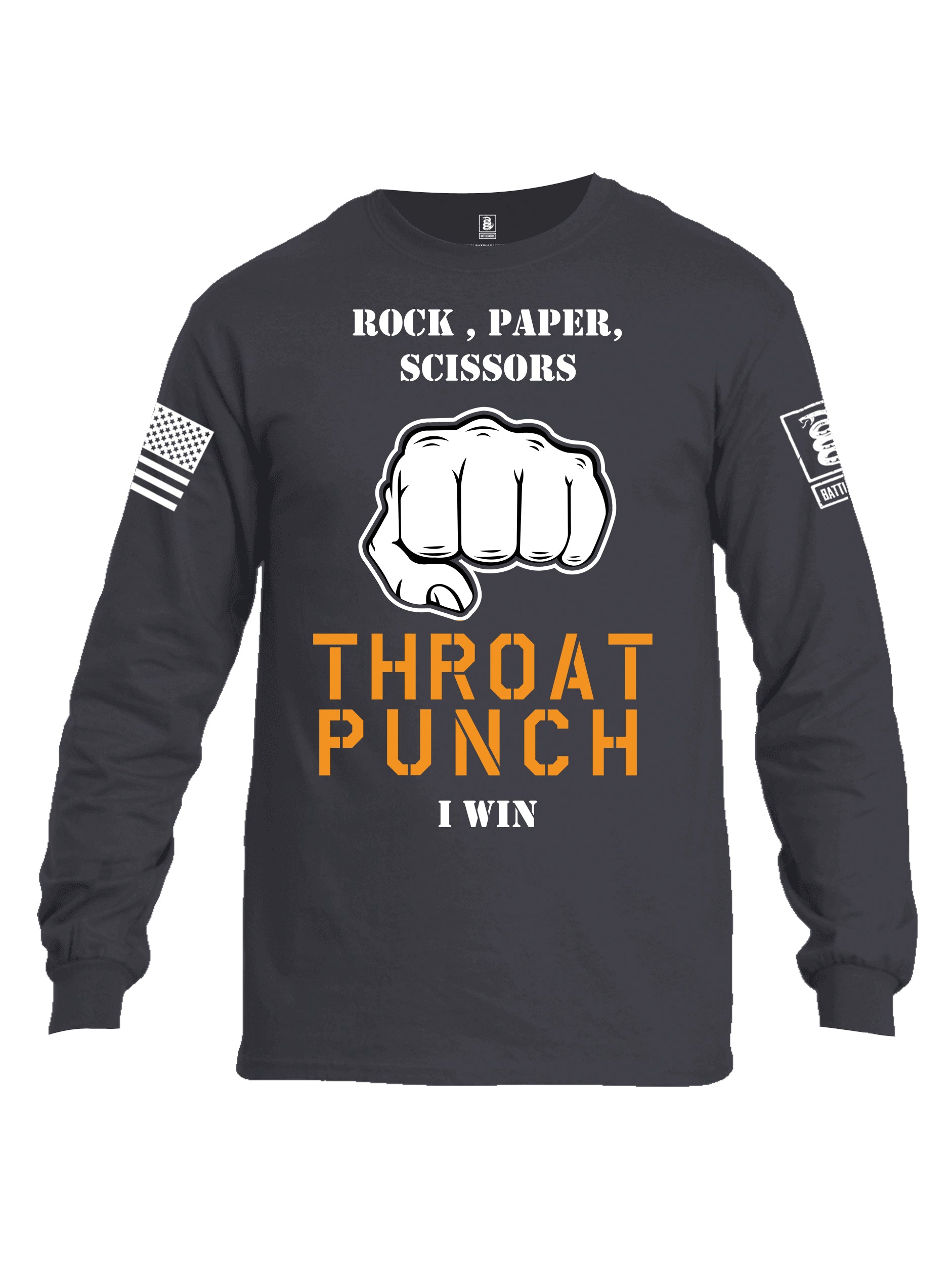 Battleraddle Rock Paper Scissors Throat Punch I Win White Sleeve Print Mens Cotton Long Sleeve Crew Neck T Shirt