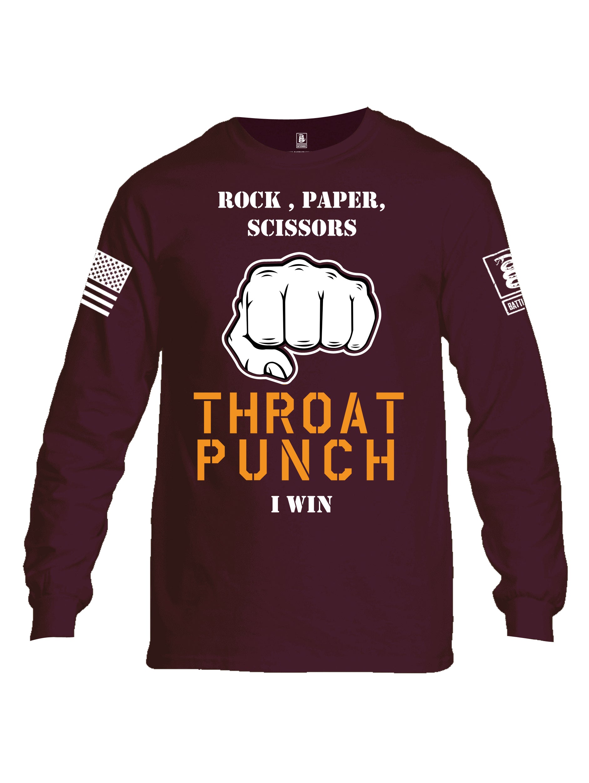Battleraddle Rock Paper Scissors Throat Punch I Win White Sleeve Print Mens Cotton Long Sleeve Crew Neck T Shirt