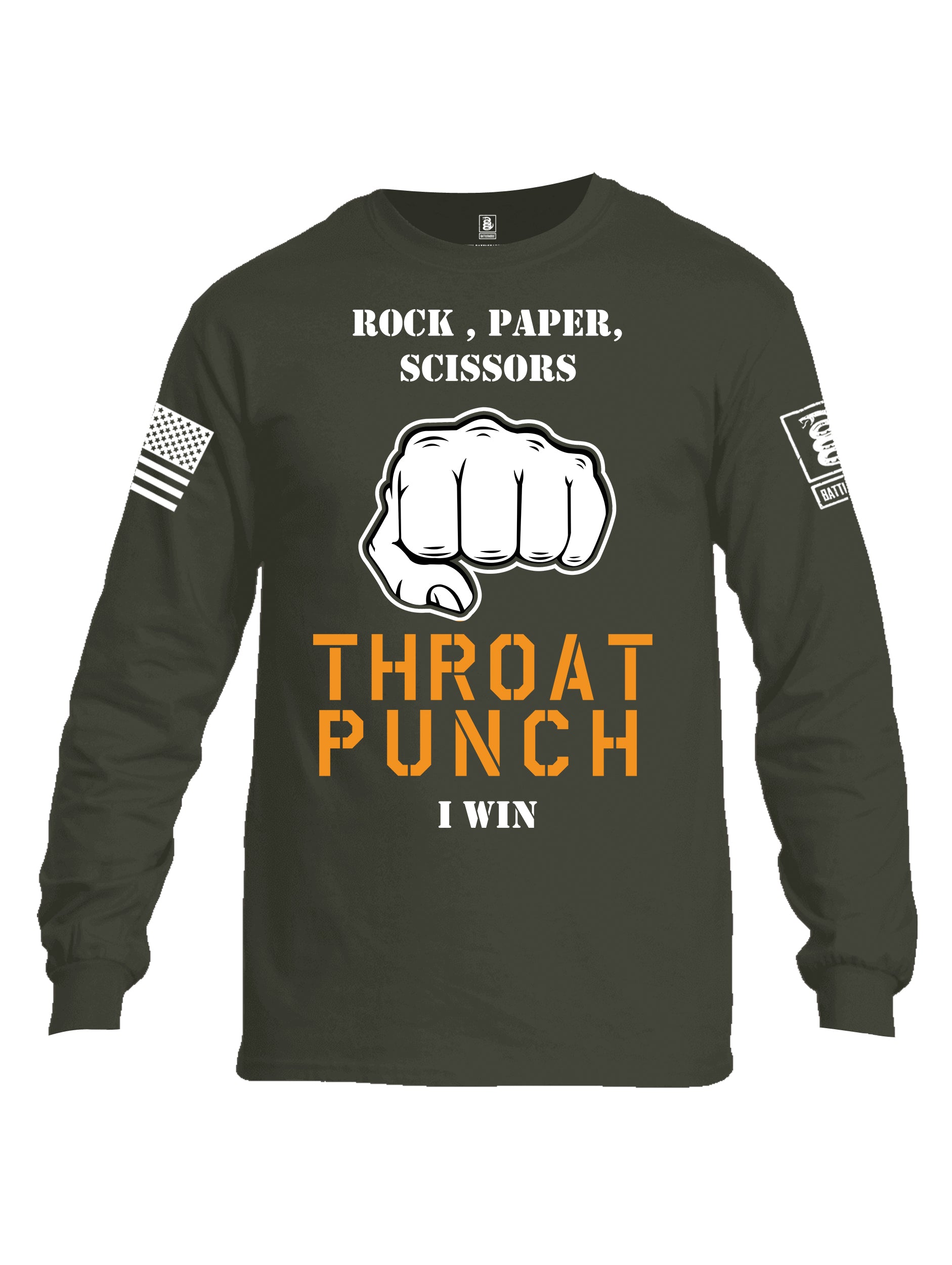 Battleraddle Rock Paper Scissors Throat Punch I Win White Sleeve Print Mens Cotton Long Sleeve Crew Neck T Shirt