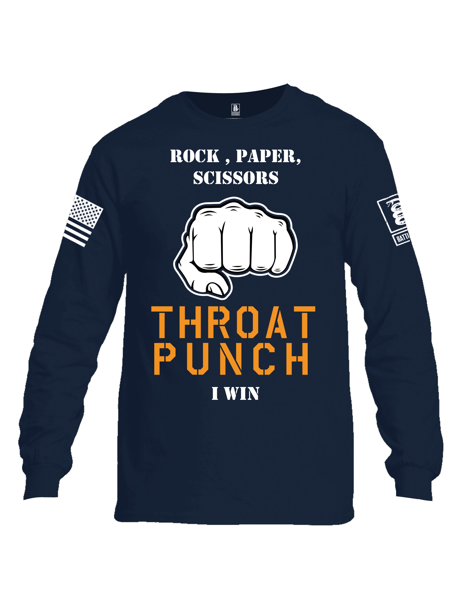 Battleraddle Rock Paper Scissors Throat Punch I Win White Sleeve Print Mens Cotton Long Sleeve Crew Neck T Shirt