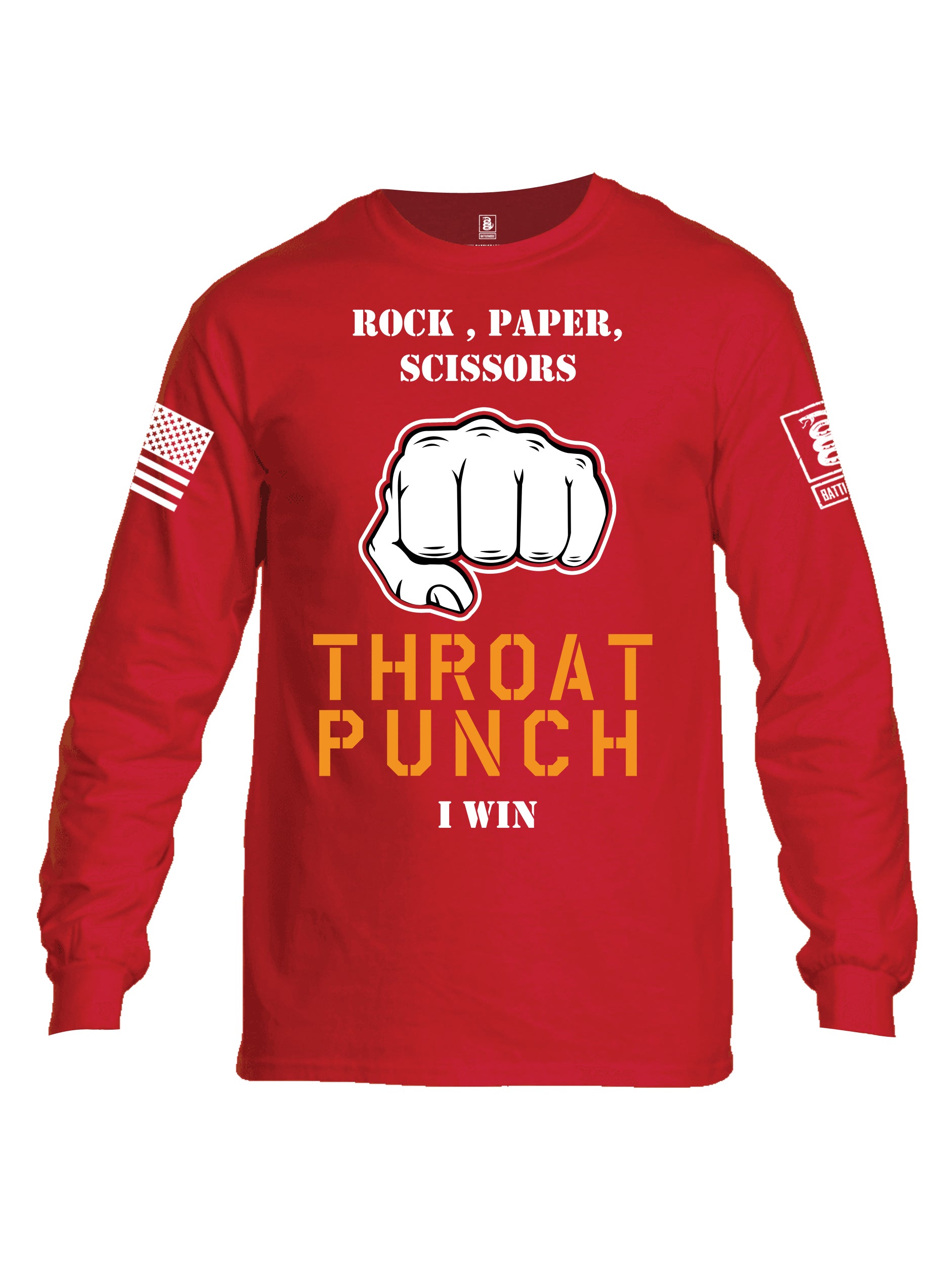 Battleraddle Rock Paper Scissors Throat Punch I Win White Sleeve Print Mens Cotton Long Sleeve Crew Neck T Shirt
