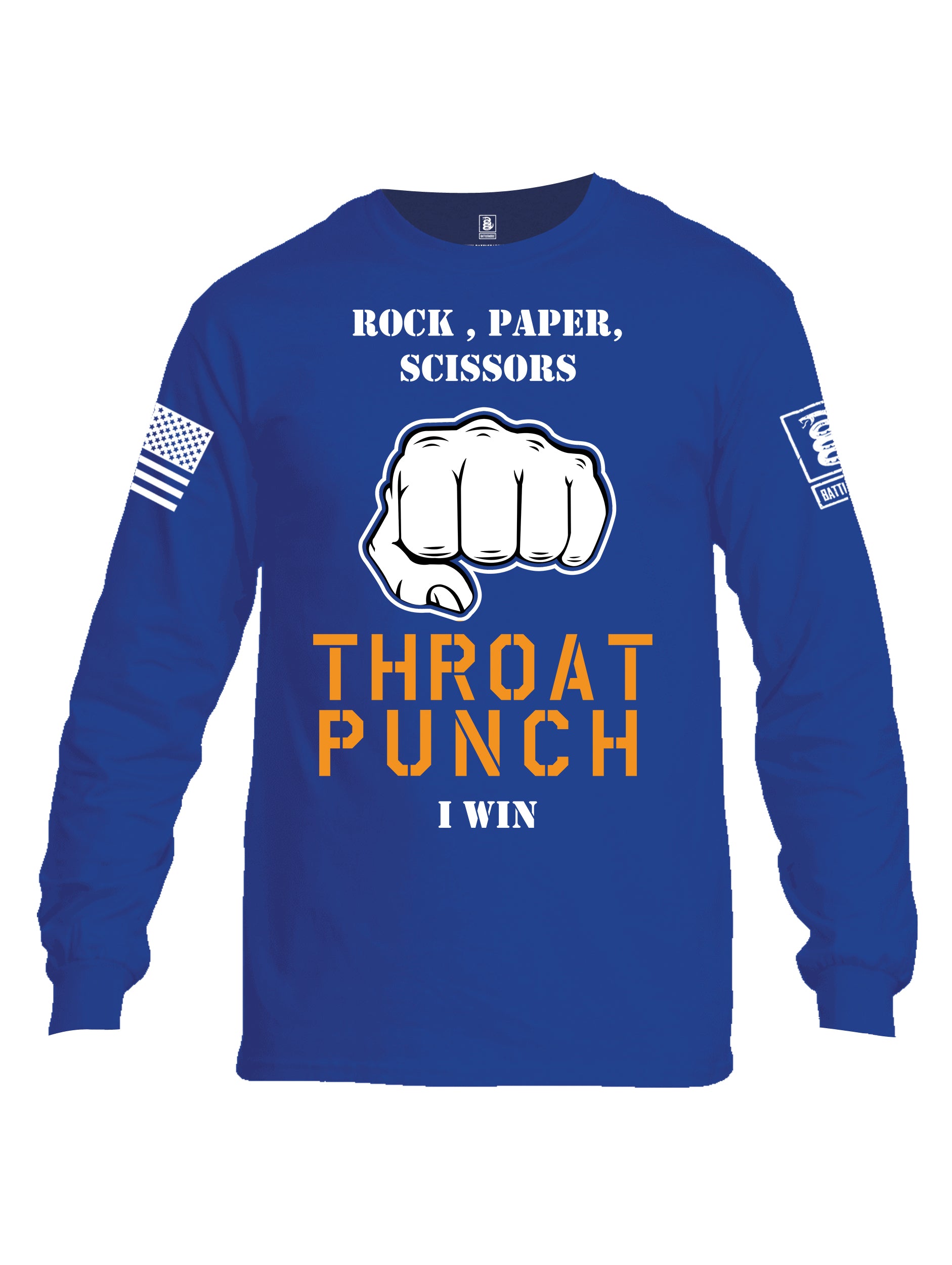 Battleraddle Rock Paper Scissors Throat Punch I Win White Sleeve Print Mens Cotton Long Sleeve Crew Neck T Shirt