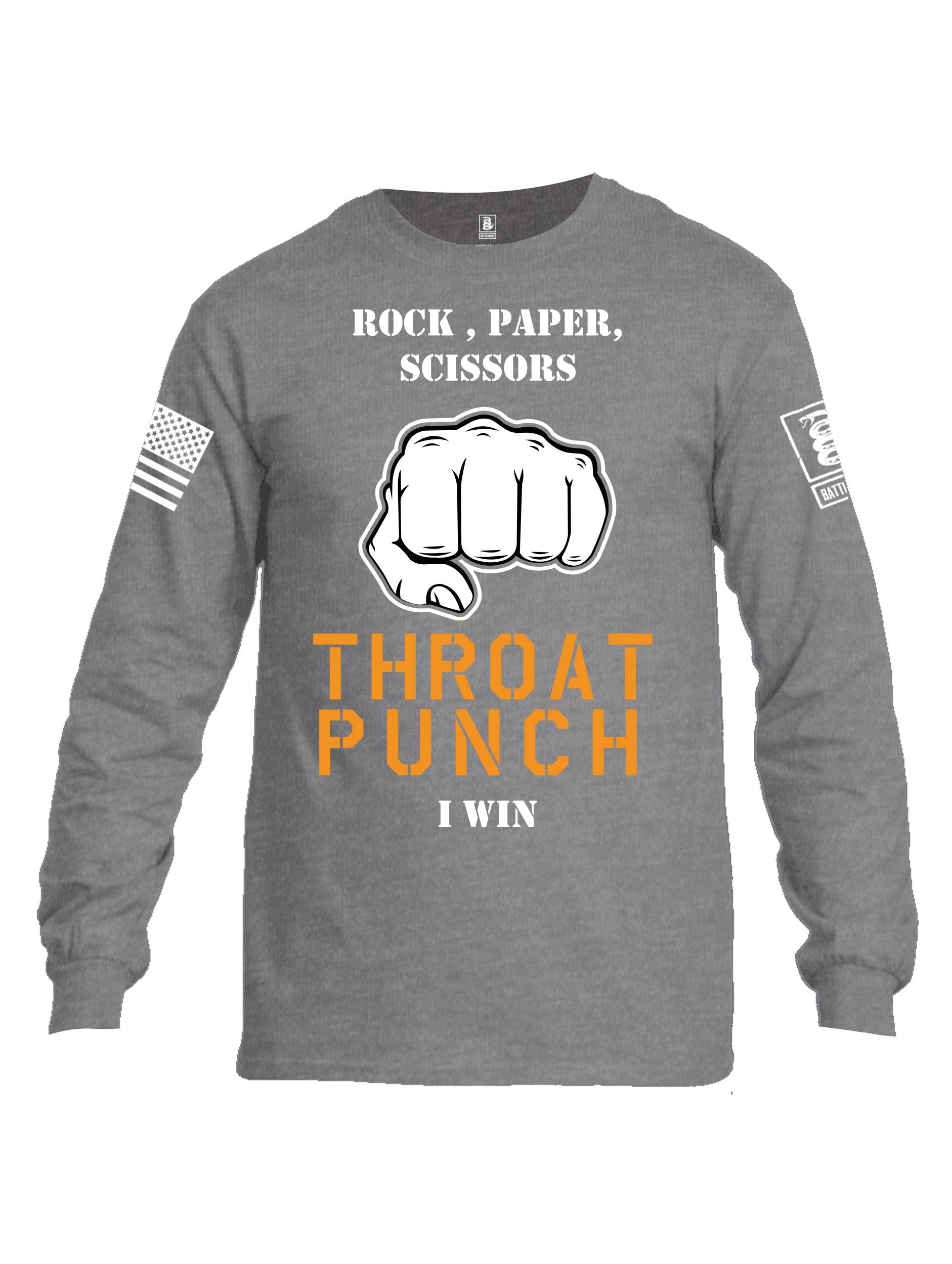 Battleraddle Rock Paper Scissors Throat Punch I Win White Sleeve Print Mens Cotton Long Sleeve Crew Neck T Shirt
