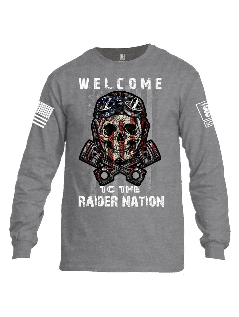Battleraddle Welcome To The Raider Nation White Sleeve Print Mens Cotton Long Sleeve Crew Neck T Shirt