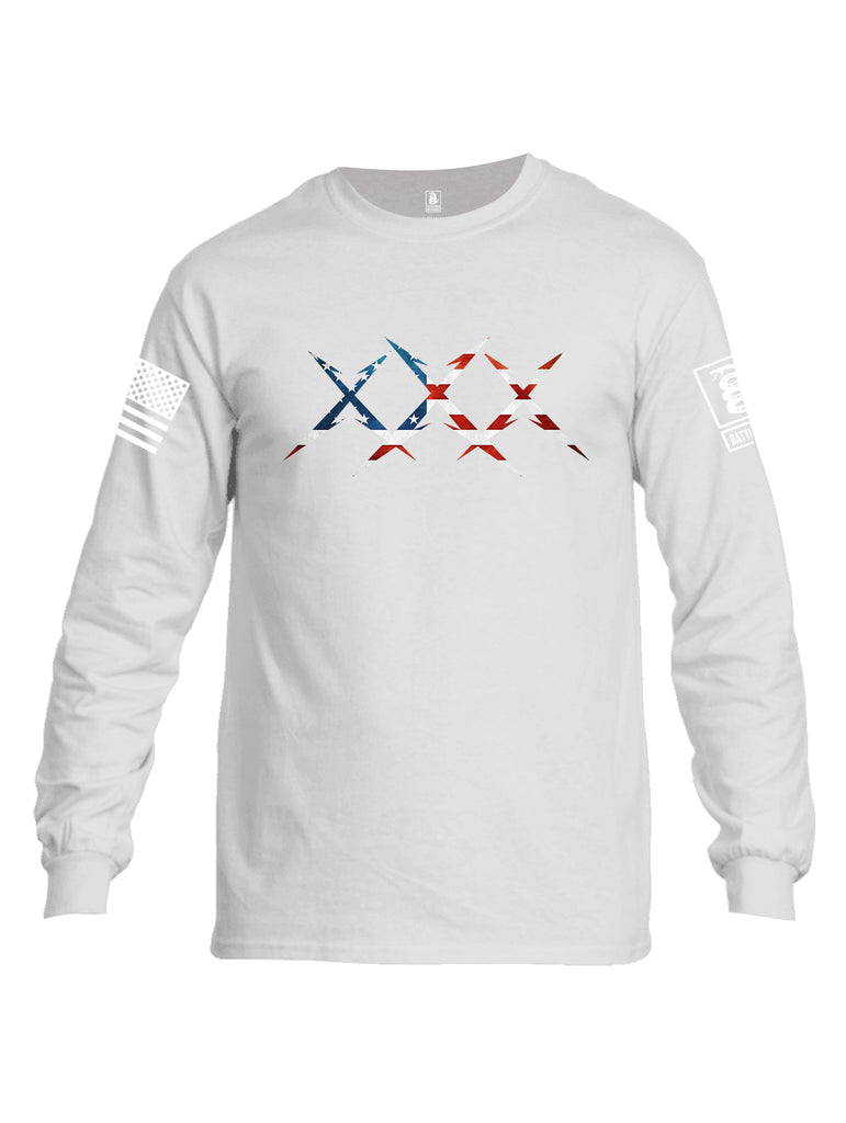 Battleraddle XXX USA Flag White Sleeve Print Mens Cotton Long Sleeve Crew Neck T Shirt