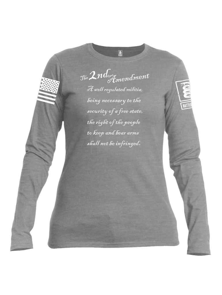 Battleraddle The 2nd Amendment Bullet Gun Flag White Sleeve Print Womens Cotton Long Sleeve Crew Neck T Shirt