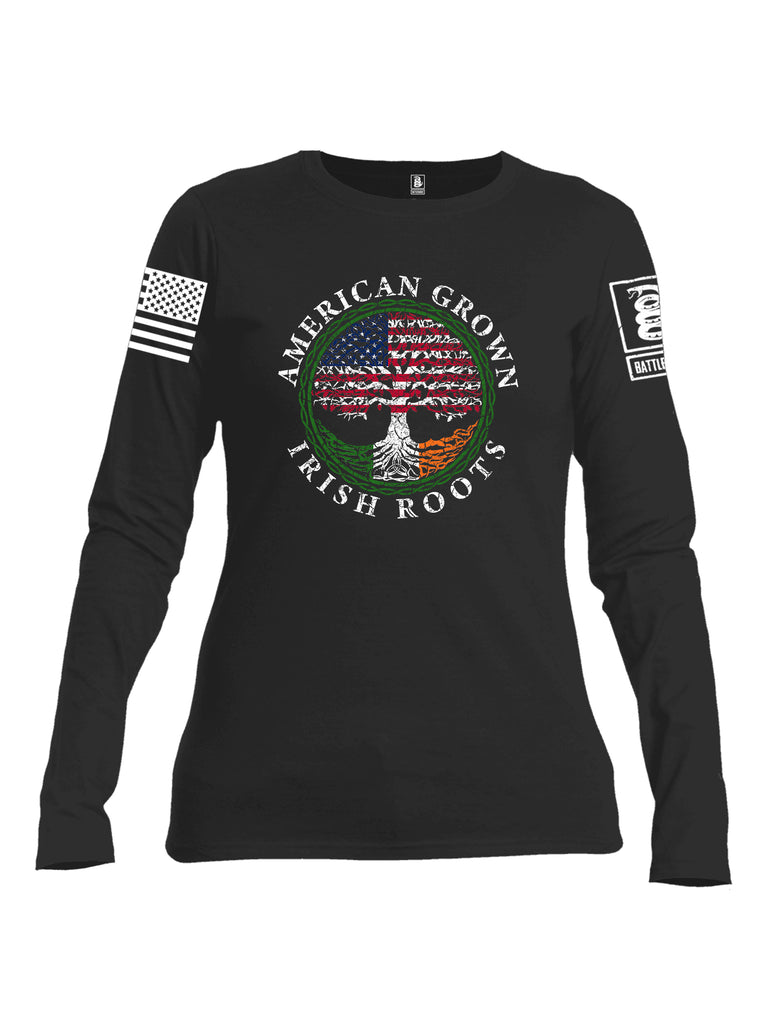 Battleraddle American Grown Irish Roots White Sleeve Print Womens Cotton Long Sleeve Crew Neck T Shirt