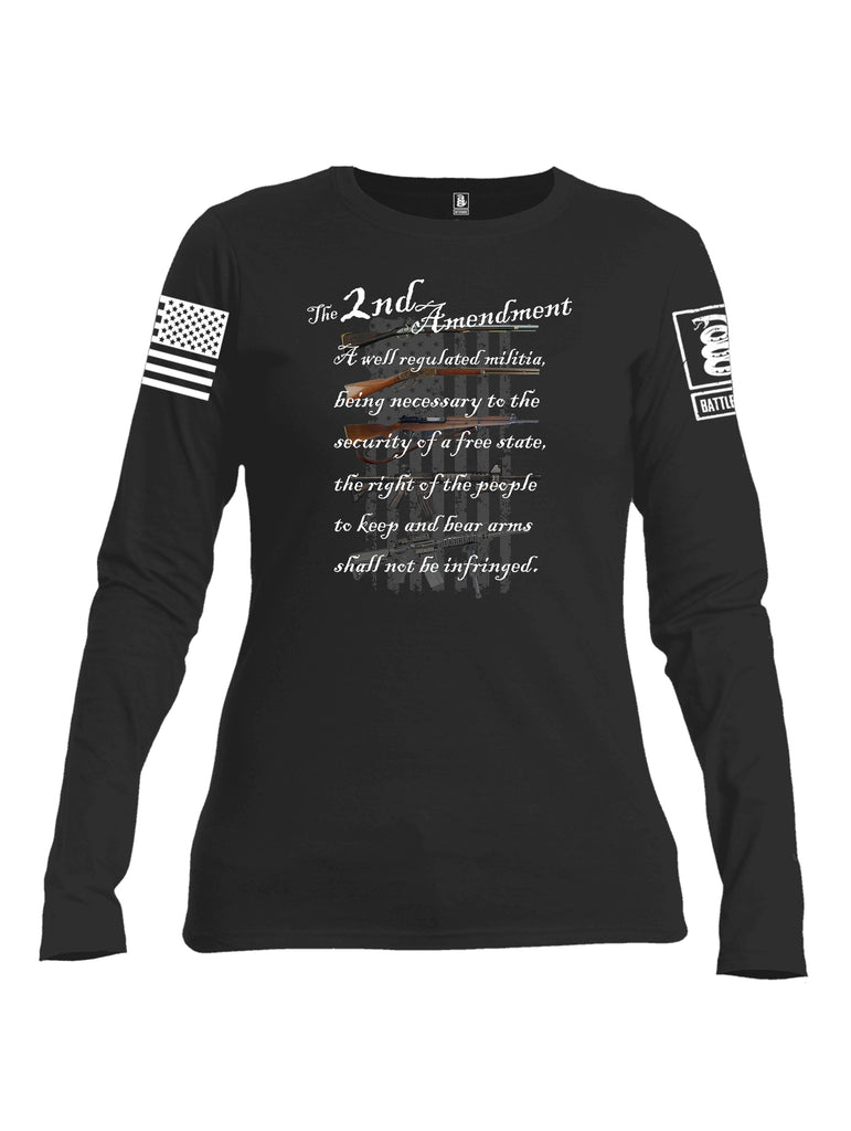 Battleraddle The 2nd Amendment Gun Evolution Flag White Sleeve Print Womens Cotton Long Sleeve Crew Neck T Shirt