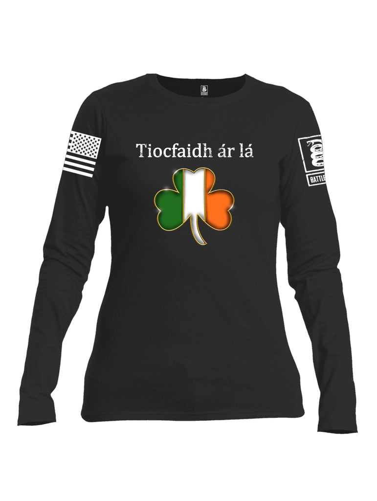 Battleraddle Tiocfaidh ar la Irish Flag Clover White Sleeve Print Womens Cotton Long Sleeve Crew Neck T Shirt