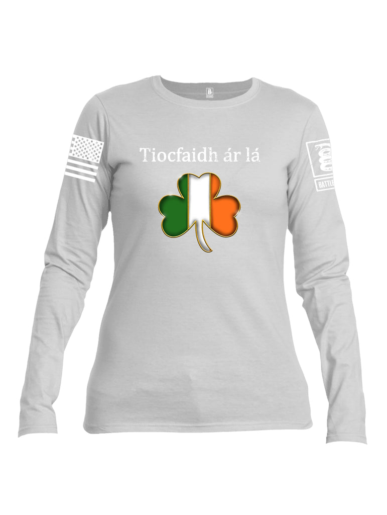 Battleraddle Tiocfaidh ar la Irish Flag Clover White Sleeve Print Womens Cotton Long Sleeve Crew Neck T Shirt