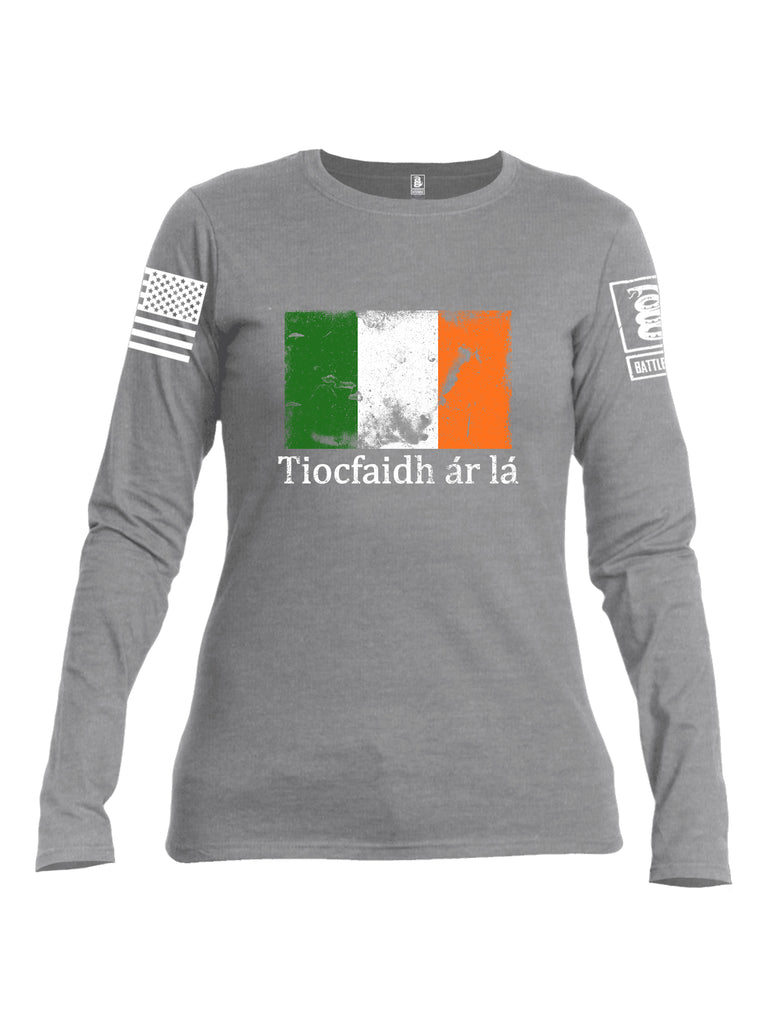 Battleraddle Tiocfaidh ar la Irish Flag White Sleeve Print Womens Cotton Long Sleeve Crew Neck T Shirt