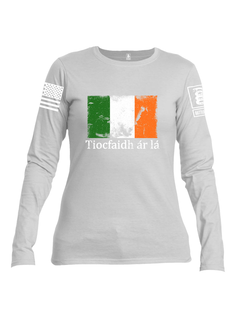 Battleraddle Tiocfaidh ar la Irish Flag White Sleeve Print Womens Cotton Long Sleeve Crew Neck T Shirt