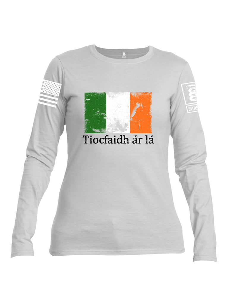 Battleraddle Tiocfaidh ar la Irish Flag Black White Sleeve Print Womens Cotton Long Sleeve Crew Neck T Shirt