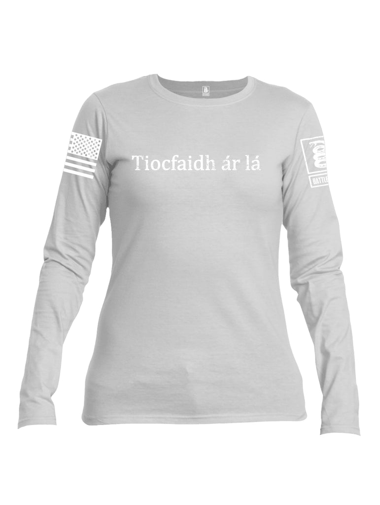 Battleraddle Tiocfaidh ar la White Sleeve Print Womens Cotton Long Sleeve Crew Neck T Shirt