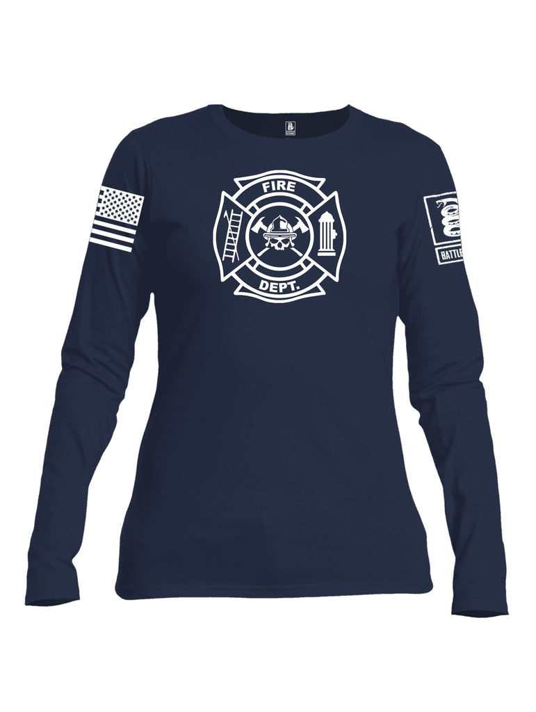 Battleraddle Fire Department White Sleeve Print Womens Cotton Long Sleeve Crew Neck T Shirt