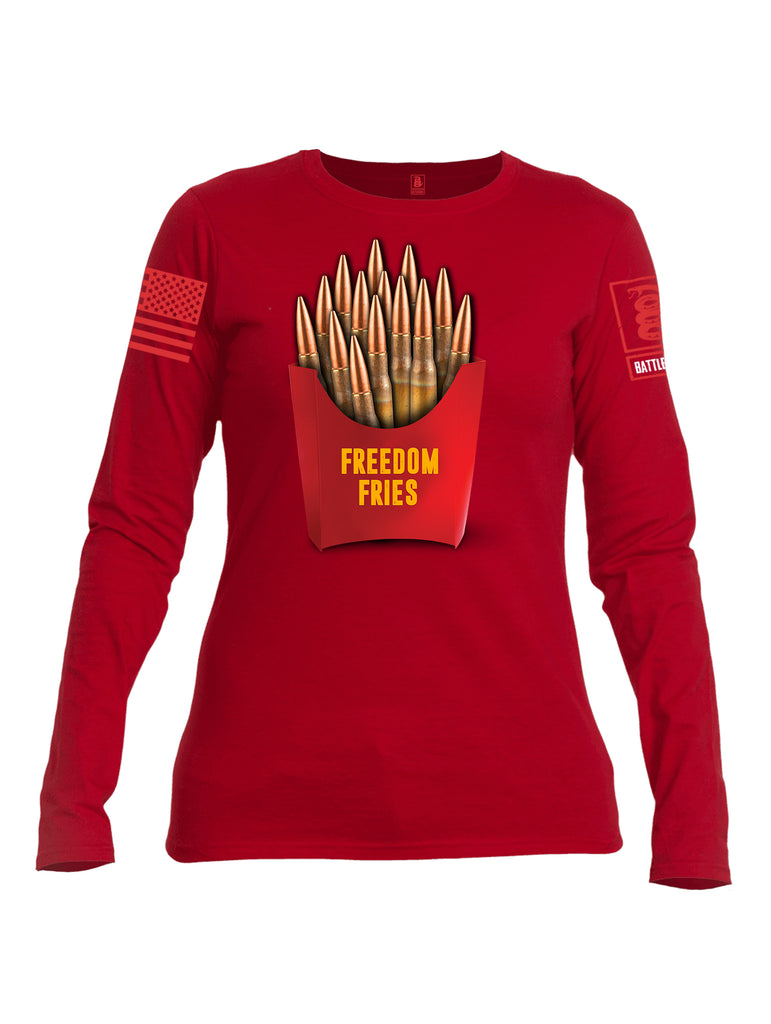 Battleraddle Freedom Fries Red Sleeve Print Womens Cotton Long Sleeve Crew Neck T Shirt
