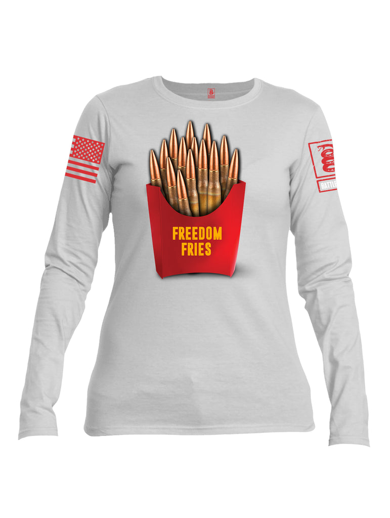 Battleraddle Freedom Fries Red Sleeve Print Womens Cotton Long Sleeve Crew Neck T Shirt