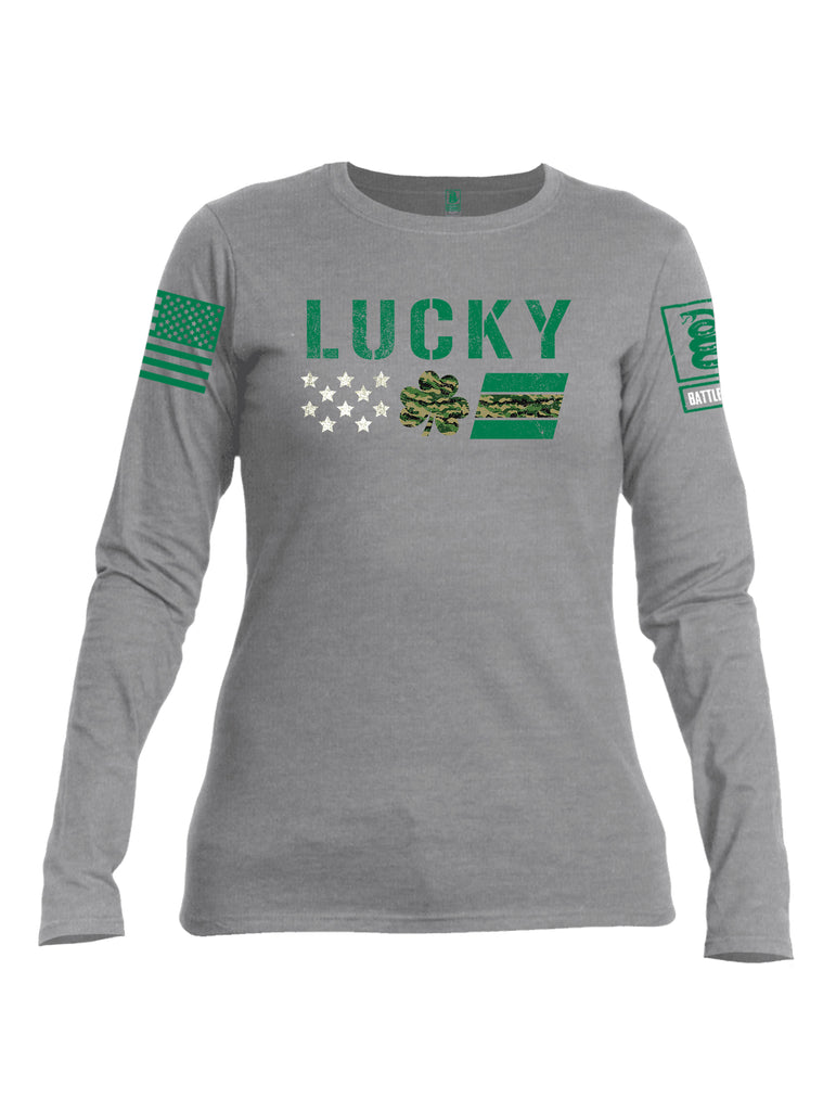 Battleraddle Lucky Leaf Green Sleeve Print Womens Cotton Long Sleeve Crew Neck T Shirt