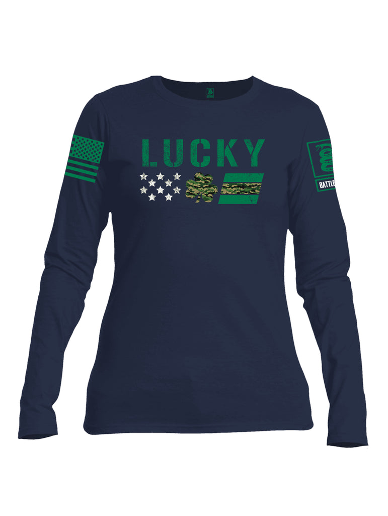Battleraddle Lucky Leaf Green Sleeve Print Womens Cotton Long Sleeve Crew Neck T Shirt